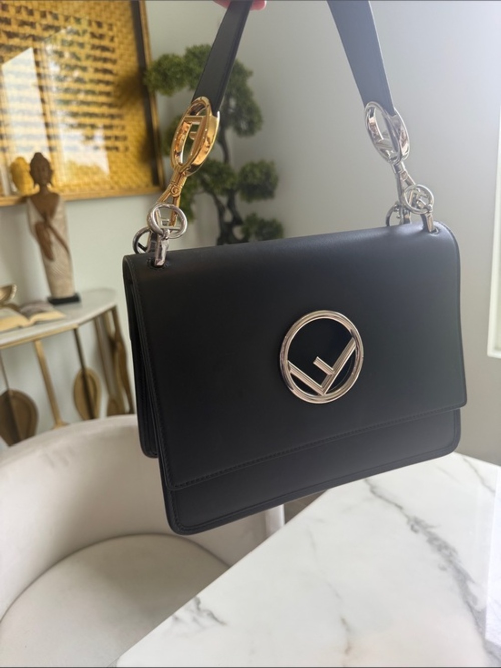 Fendi Black Leather Shoulder Bag with Silver & Gold Hardware